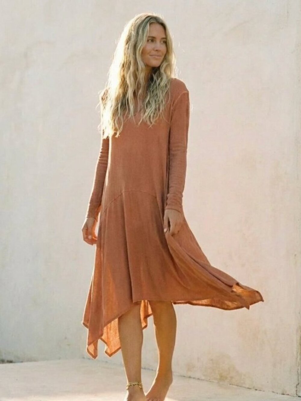 Easel Rust Orange Boho Asymmetrical Hem Midi Dress L